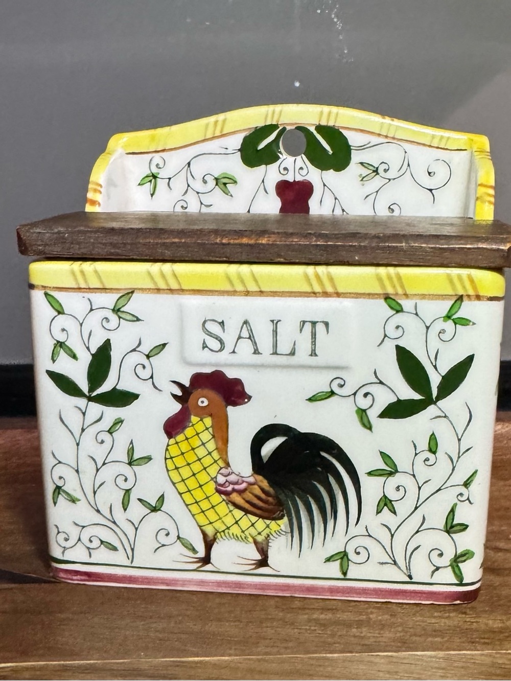Vintage Yellow White Rooster Salt Box by Vintage